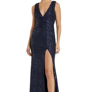 Navy Sequin Gown with High Thigh Slit